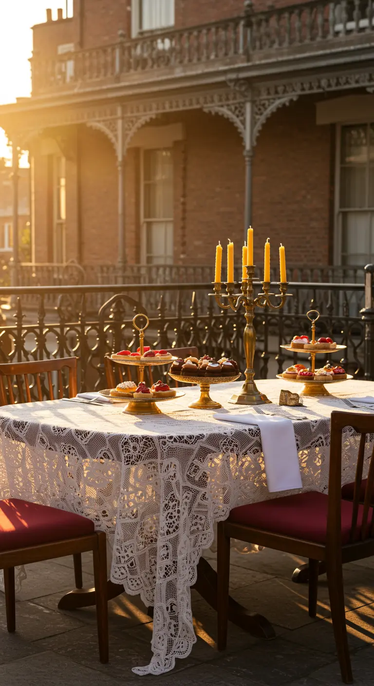 A terrace table set for a tea party, bathed in the golden light of sunset with a brass candelabra.