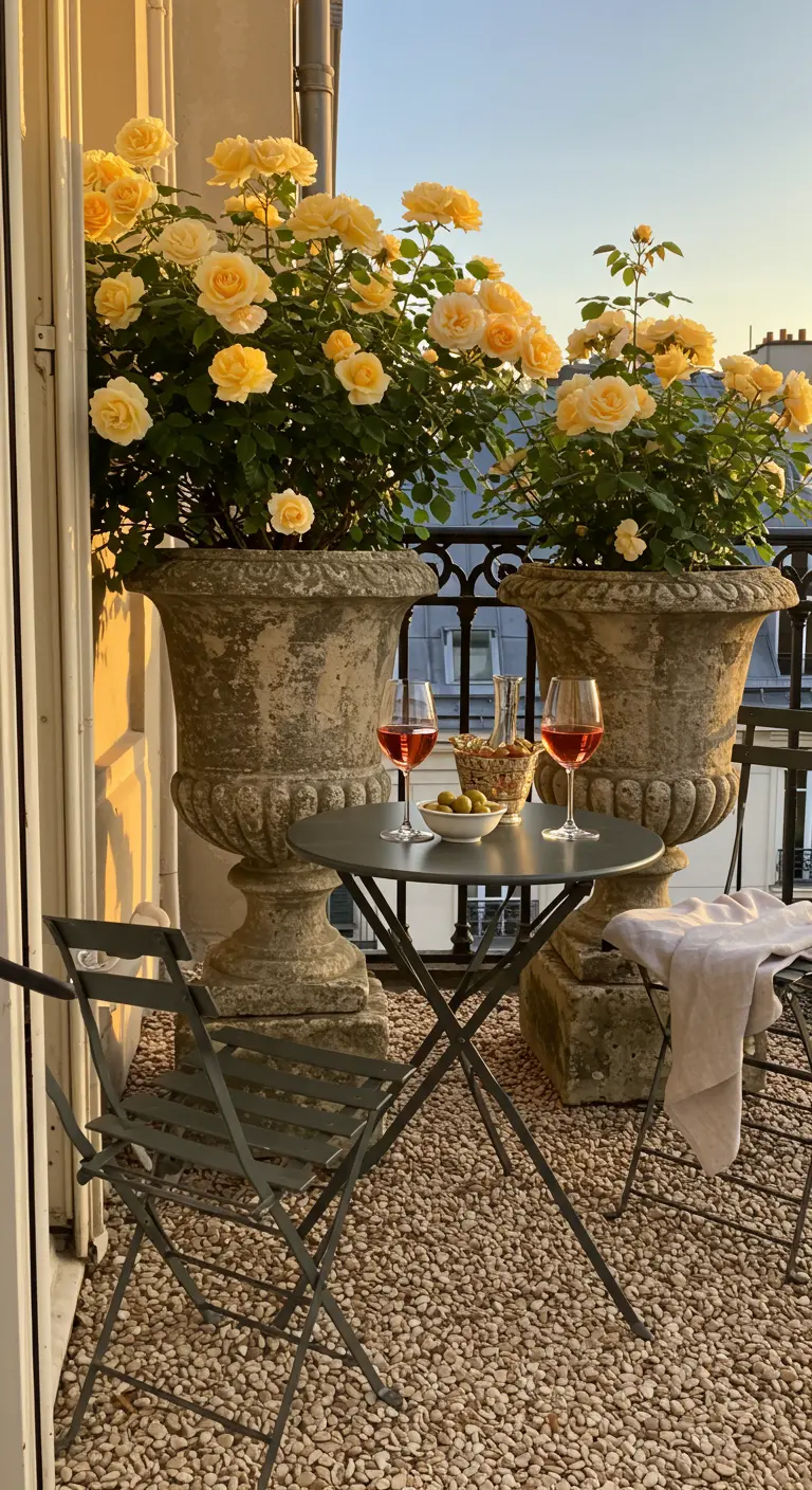 Two large stone urns with yellow roses flanking a small bistro set on a pebble balcony.