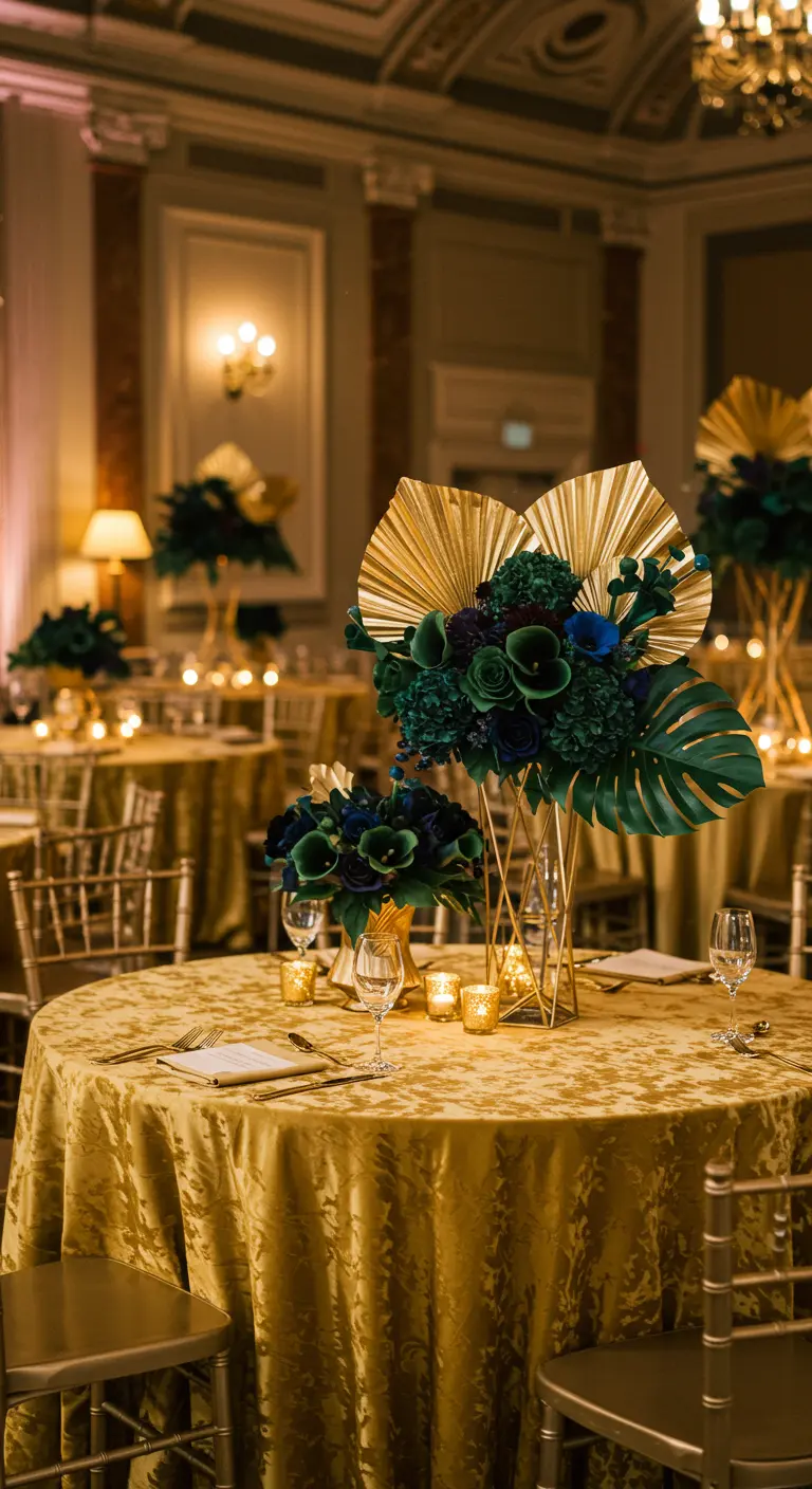 Round table with gold tablecloth, green and blue flowers, and gold fan accents in geometric gold vases.
