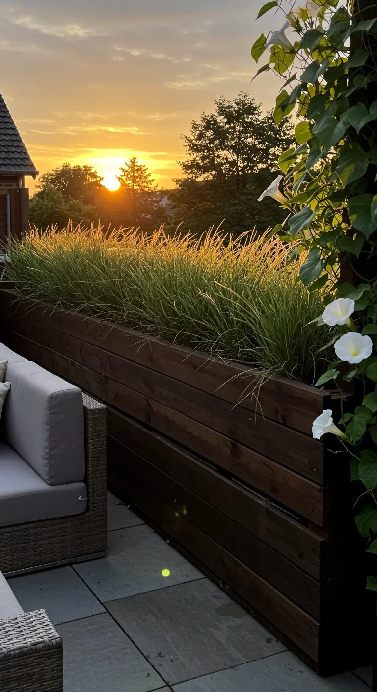 A dark wood planter box filled with tall ornamental grass, glowing in the sunset, with a morning glory vine.