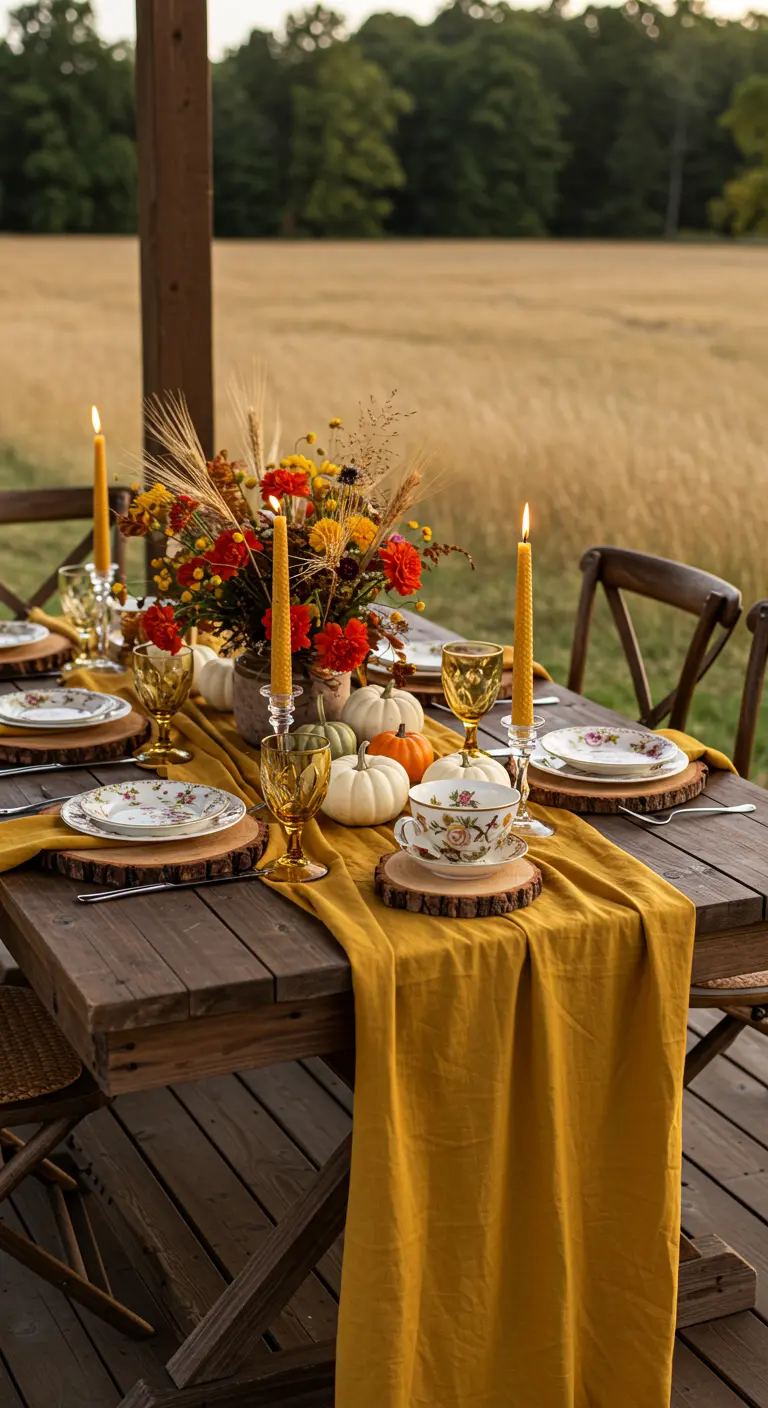 An autumn-themed table with a mustard runner, pumpkins, wheat, and tall yellow candles.