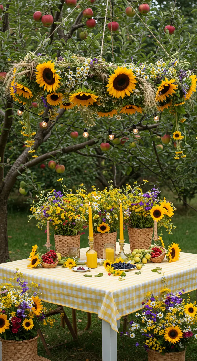 Cheerful orchard table with a hanging sunflower chandelier.