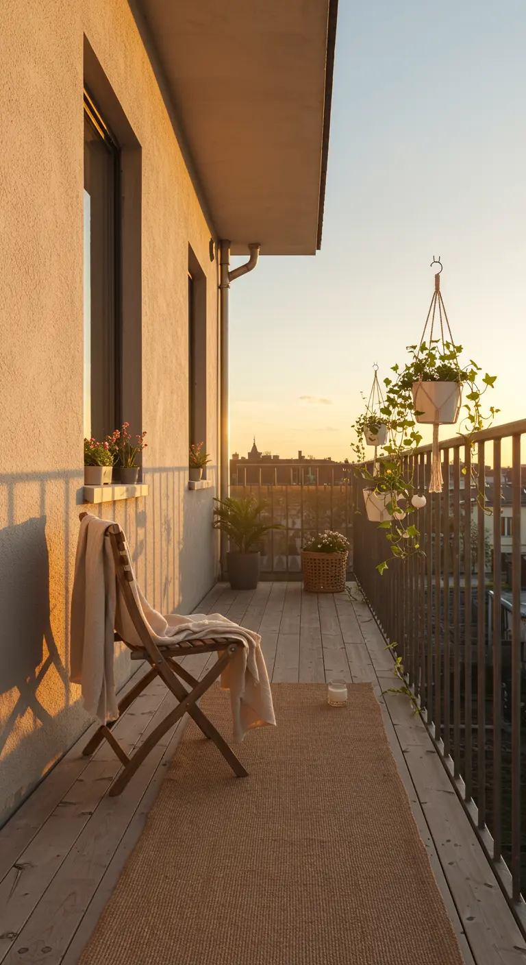 A simple wooden chair with a throw on a balcony at sunset.