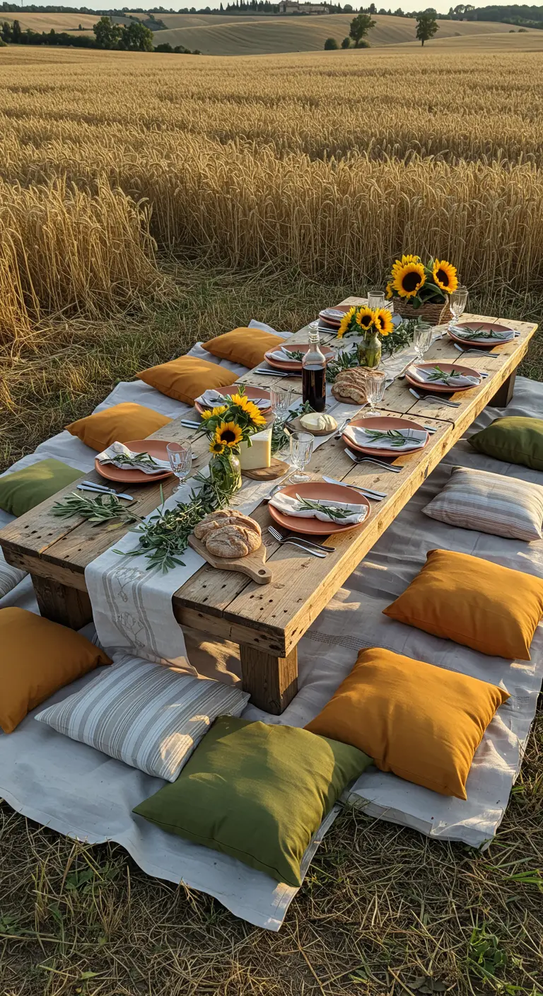 Picnic in a wheat field with a rustic wood table, sunflowers, and olive branches.