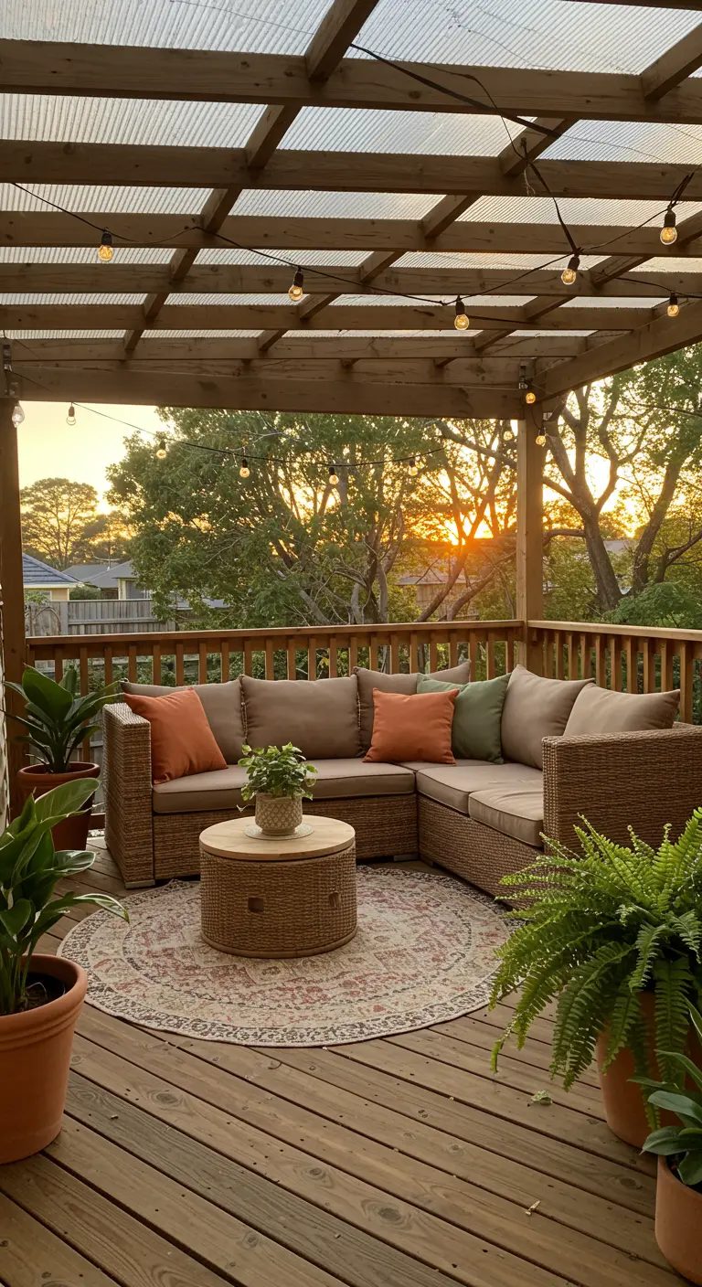 Rattan sectional with orange pillows on a wood deck with string lights at sunset.