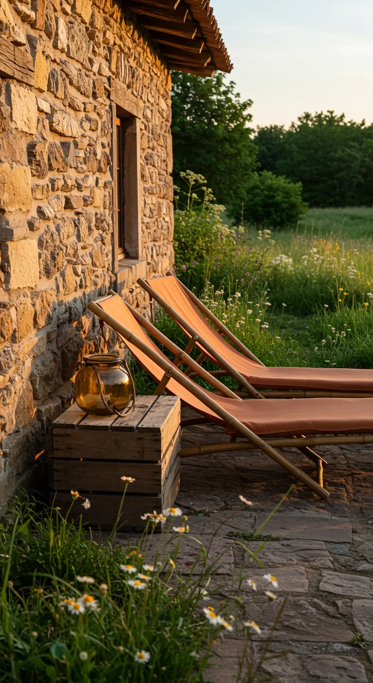 Bamboo loungers with terracotta fabric next to a stone house, with an amber lantern on a crate.