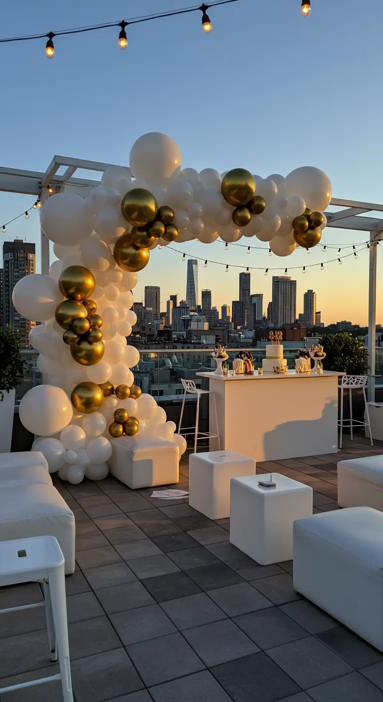 Gold and white balloon arch on a city rooftop at sunset, framing the skyline.