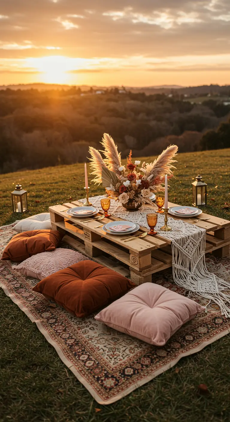 A boho picnic setup on a grassy hill at sunset with a pallet table and velvet cushions.
