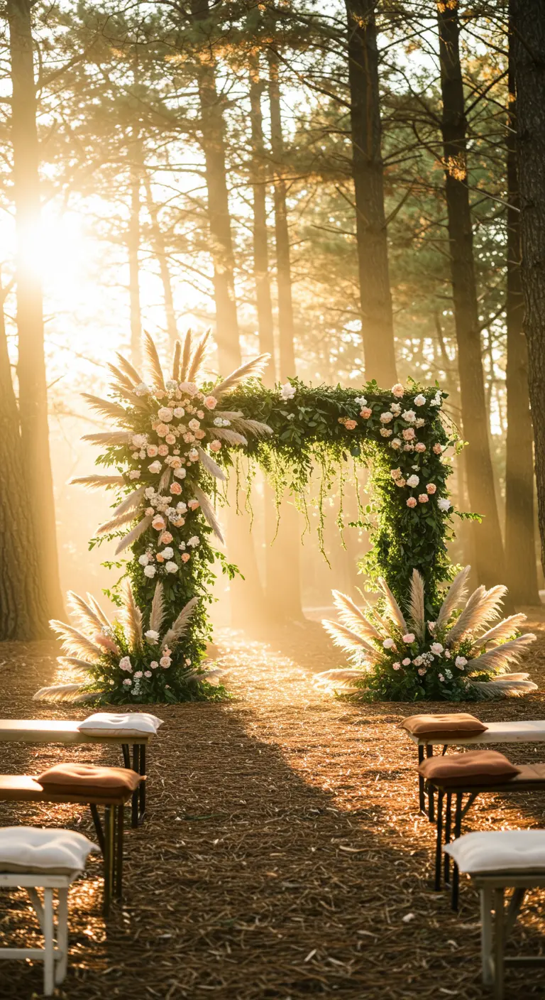Woodland wedding arch with pampas grass and pink roses at sunset.