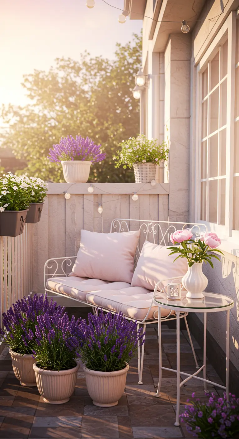 A romantic balcony at sunset with a white bench, pink cushions, and lavender in classic-style pots.