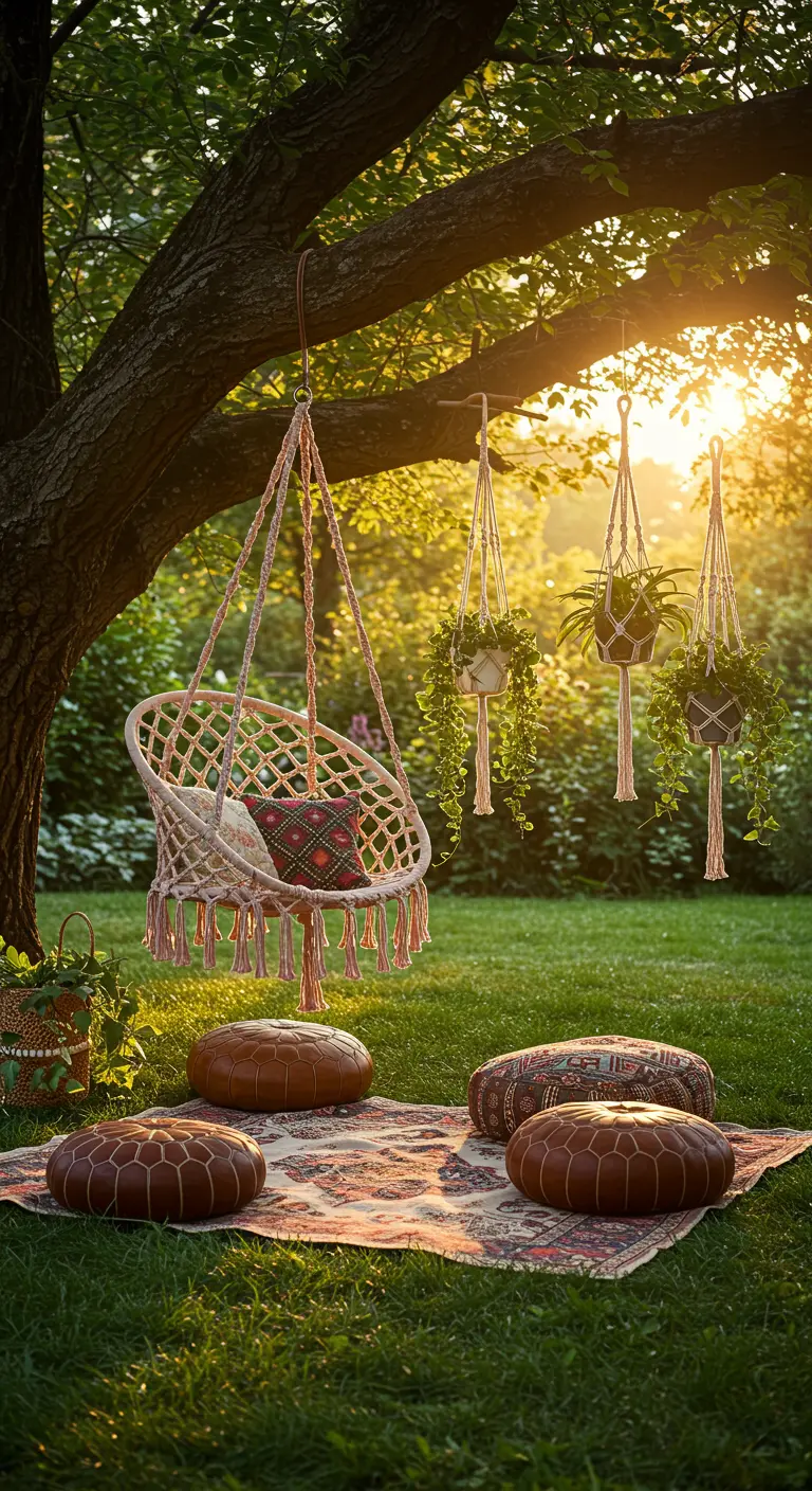 Bohemian hammock chair hanging from a tree at sunset with poufs and a rug on the grass.