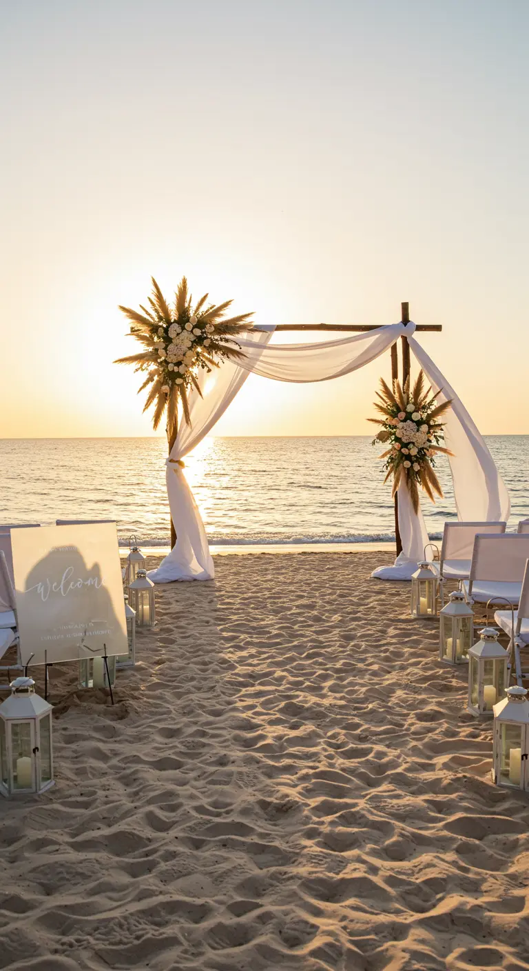A sunset beach wedding arch with sunburst floral designs and white drapery.