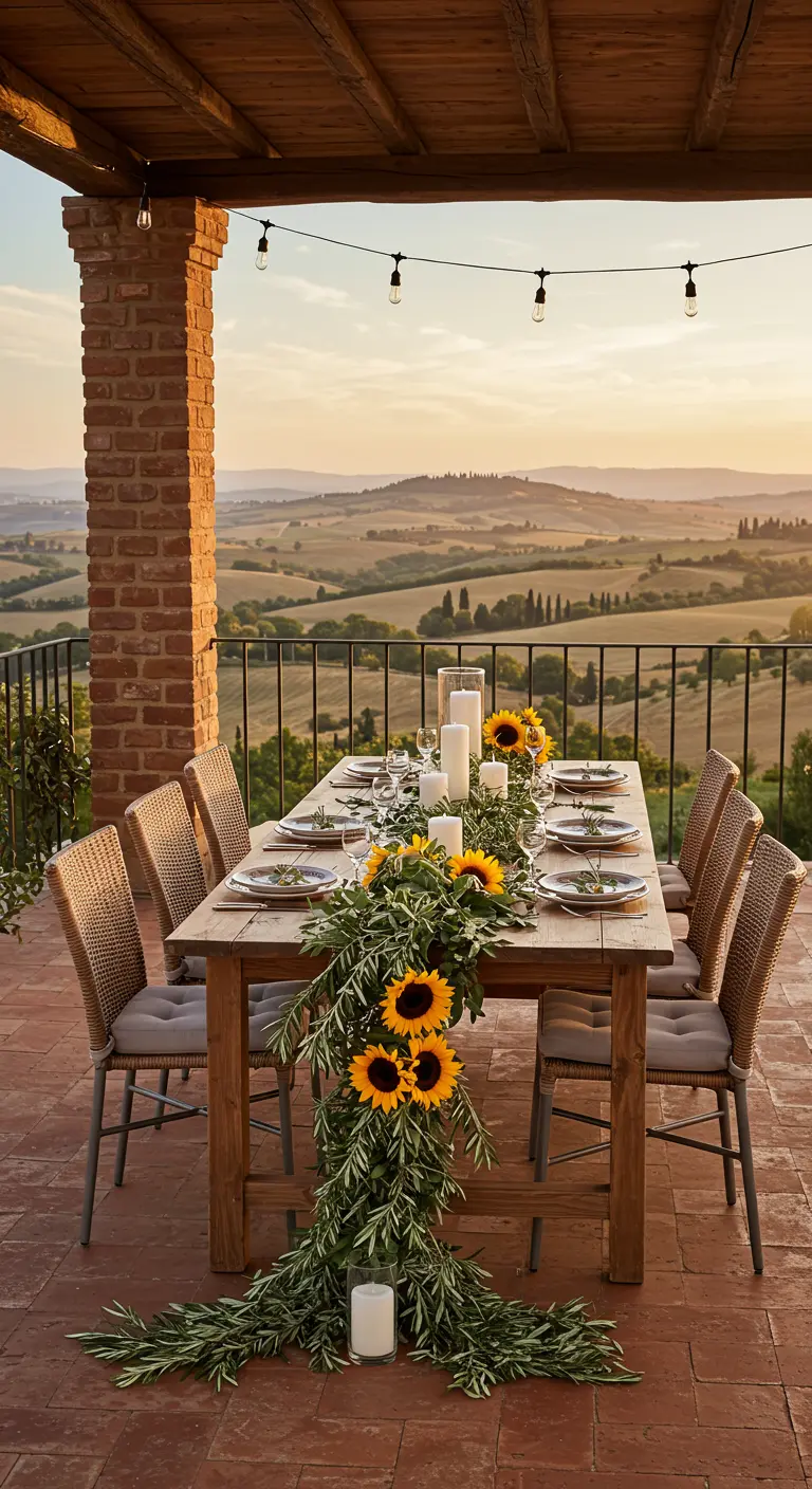 A dining table with a cascading sunflower garland overlooking a golden pastoral landscape.