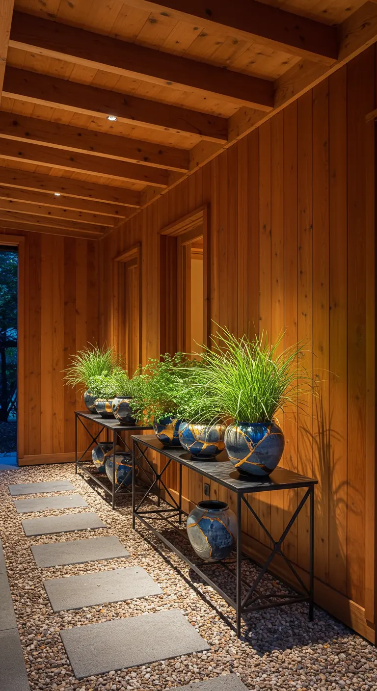 Blue and gold Kintsugi-style planters with grasses along a wood and pebble walkway.