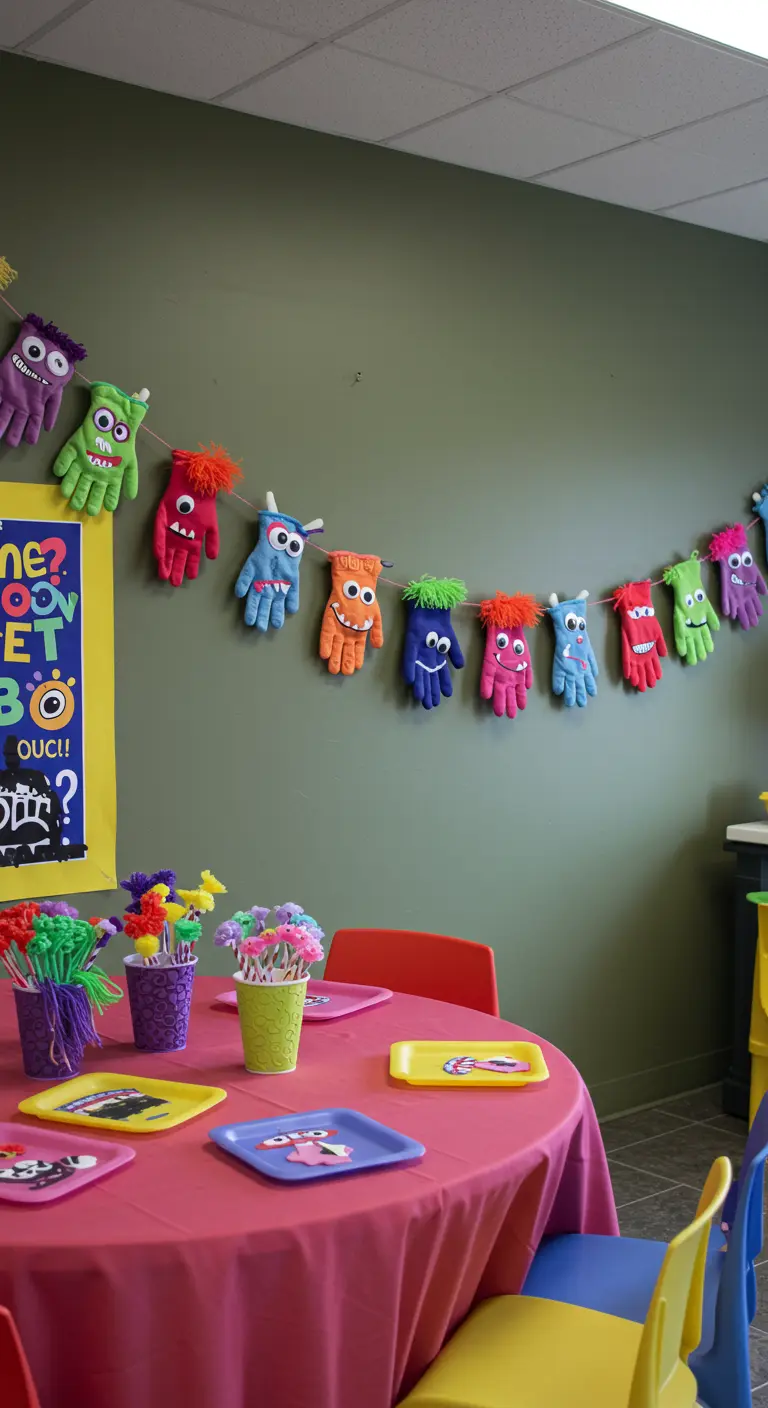 A colorful garland made from stuffed gloves decorated as funny monsters.