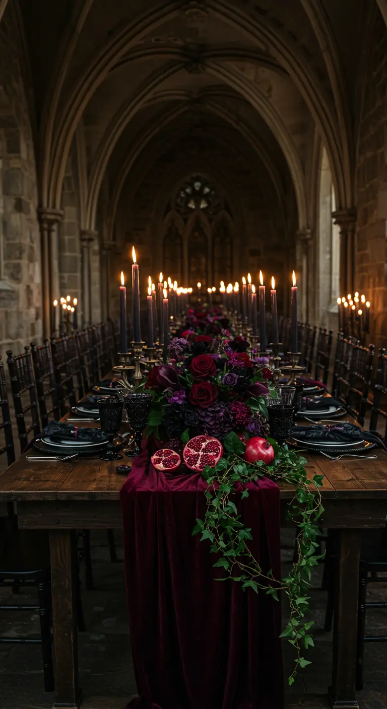 A long, dark table in a cathedral-like hall with a red velvet runner and dark floral decor.