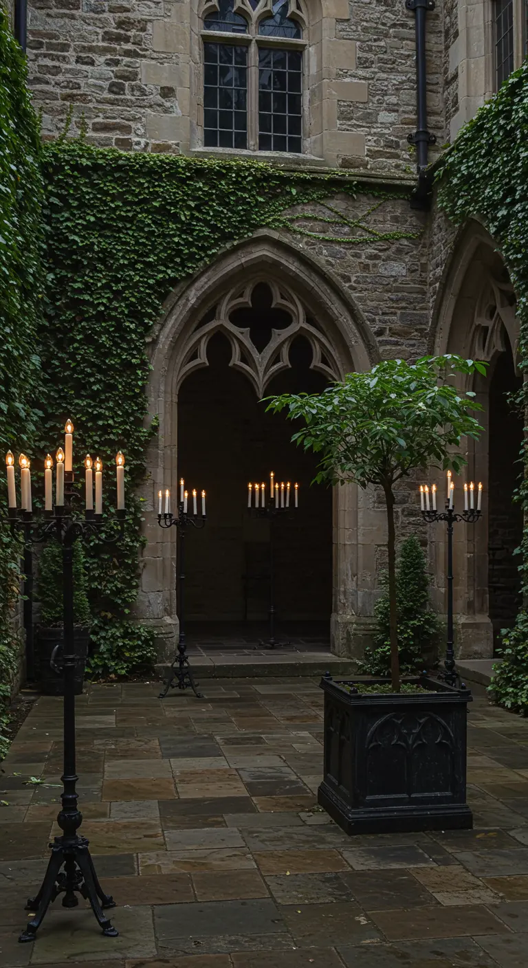 A stone courtyard with ivy-covered walls, lit by tall black candelabras at dusk.