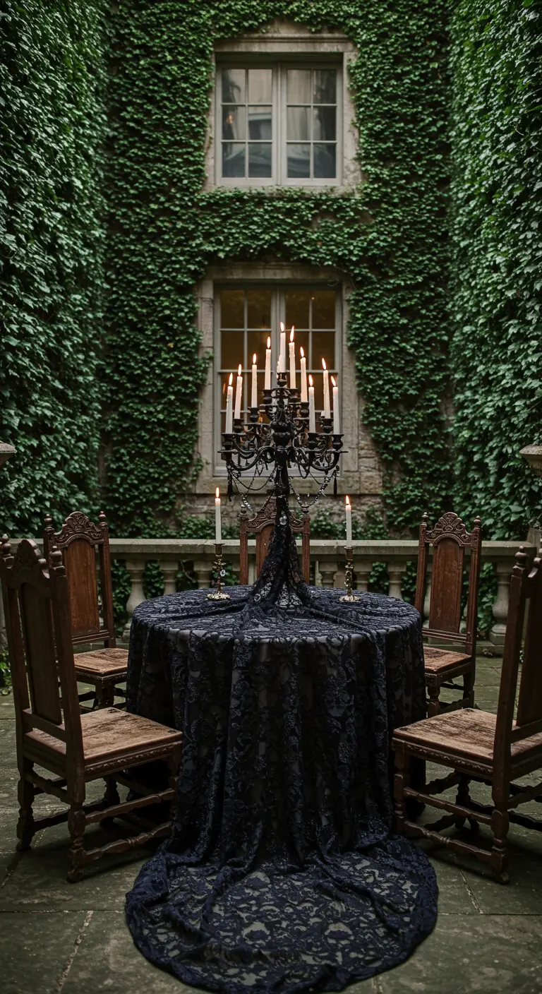 A dramatic tea party scene in a courtyard with a black lace tablecloth and a large black candelabra.