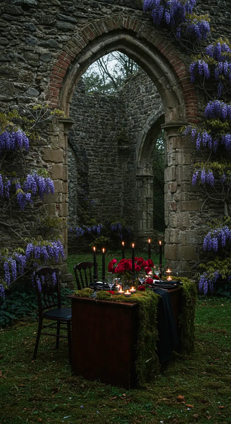 Moody, romantic table for two set in stone ruins with moss, black candles, and red roses.