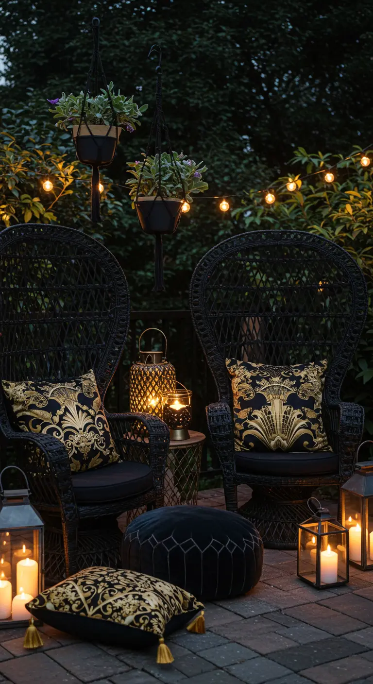 Black peacock chairs with black and gold pillows surrounded by candles at night.