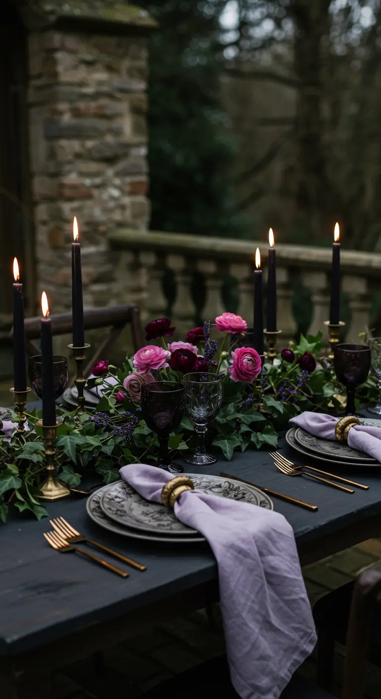Moody outdoor tablescape with black candles and dark florals.