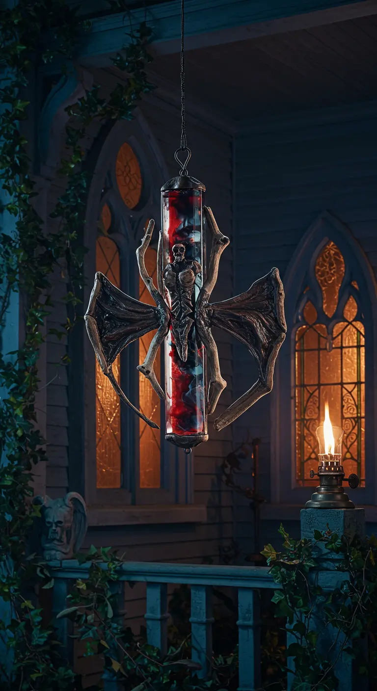 A gothic-style spinner with gargoyle wings and red and black resin on a dark porch.