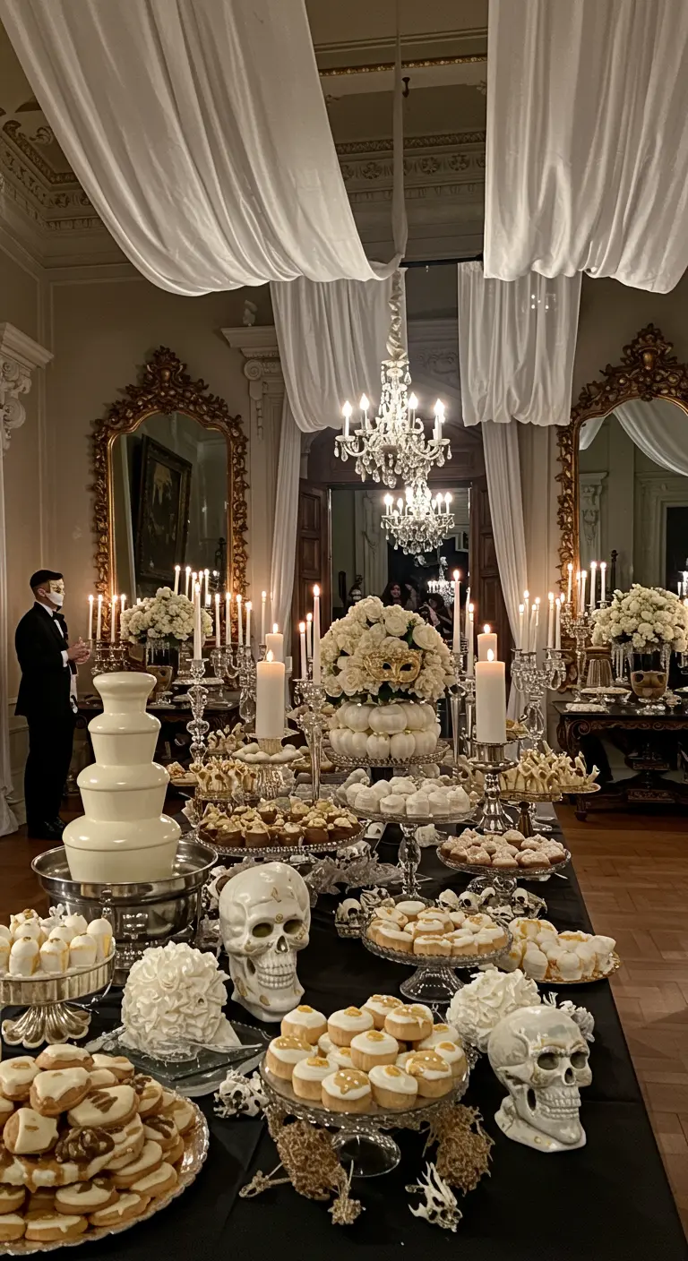 A lavish dessert table with a white chocolate fountain and skull-shaped dishes.