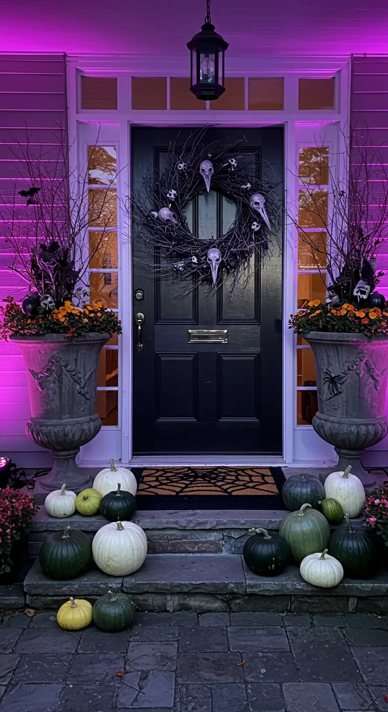 Black front door with a bird skull wreath, purple lighting, and pumpkins.