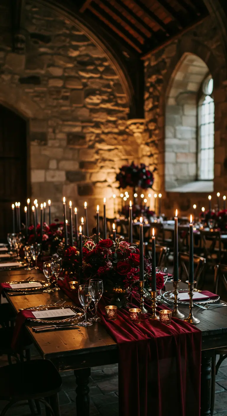 Moody wedding table in a stone castle with black candles, red roses, and a burgundy velvet runner.