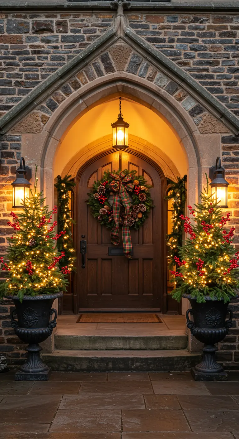 Stone arched entryway with a wood door, two lit trees in black urns, and a wreath with a plaid bow.