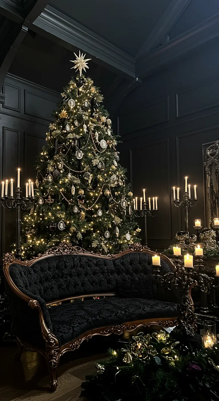 A Christmas tree in a dark, moody room with ornate black furniture and candelabras.