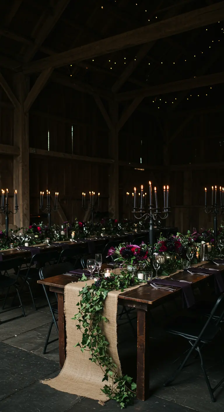 Moody tablescape with dark florals, black candles, and an ivy garland.