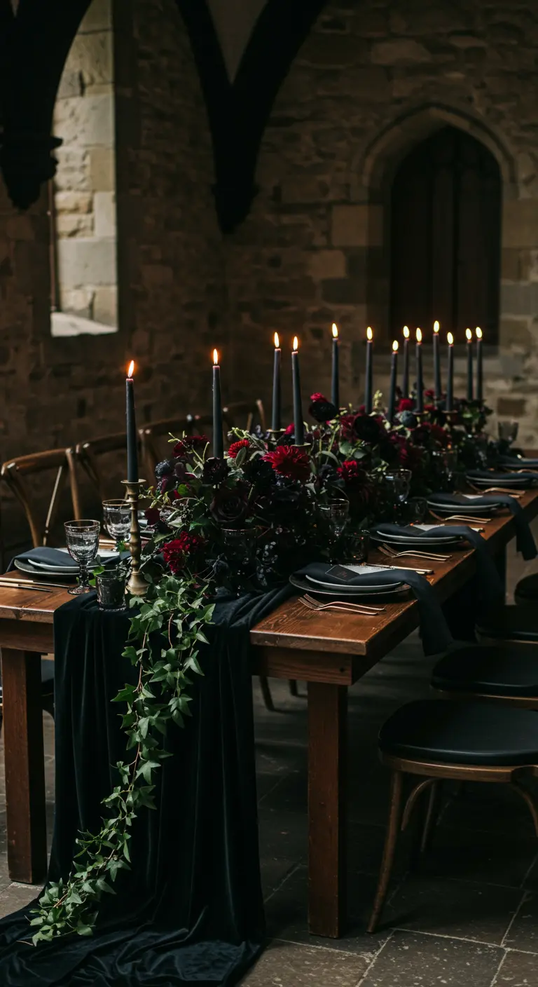 Moody tablescape with a dark green velvet runner, black candles, and ivy in a stone hall.