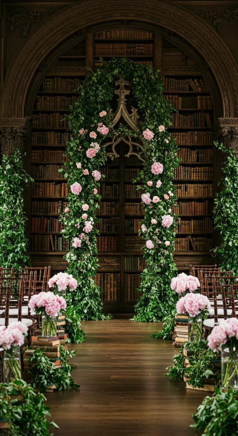 A wedding ceremony in a library with an arch of greenery and pink peonies.