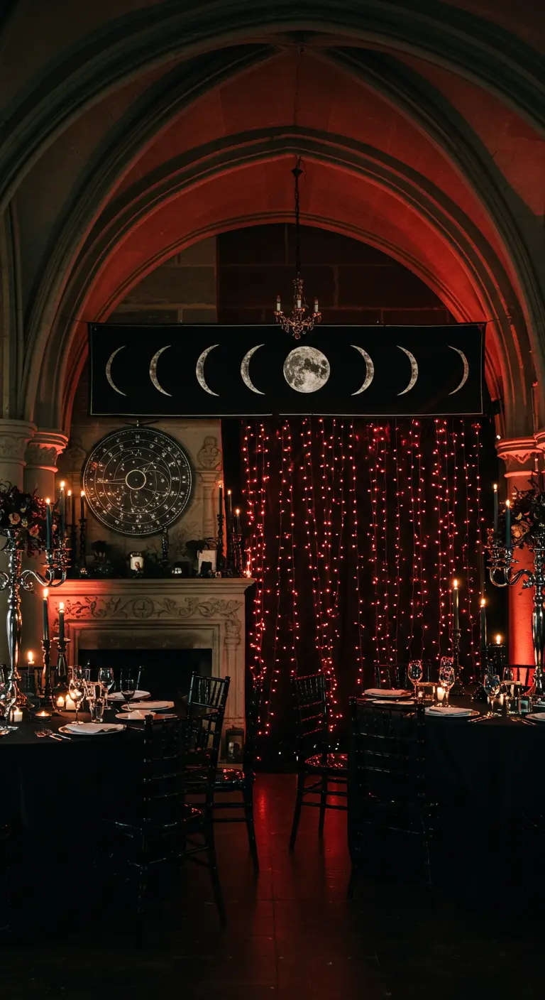 A gothic dining setup with a moon phase banner and red fairy light curtain.