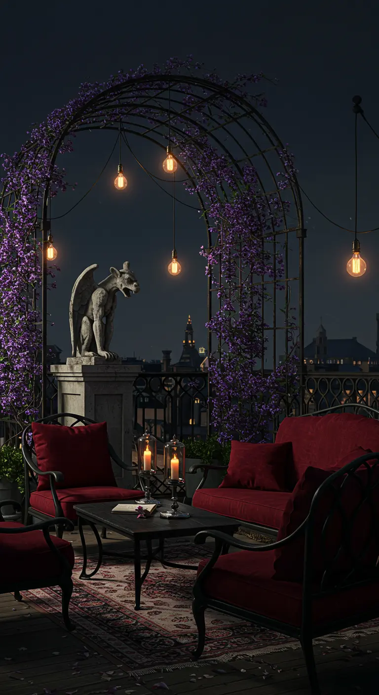 A rooftop terrace at night with a gargoyle statue, red velvet furniture, and hanging Edison bulbs.
