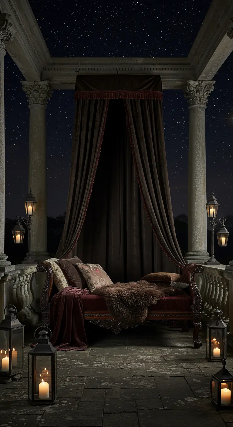 An ornate daybed on a stone balcony with heavy velvet curtains and antique lanterns.