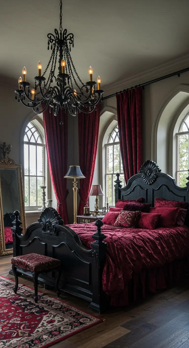 Dramatic bedroom with an ornate black bed, red velvet bedding, and a black chandelier.