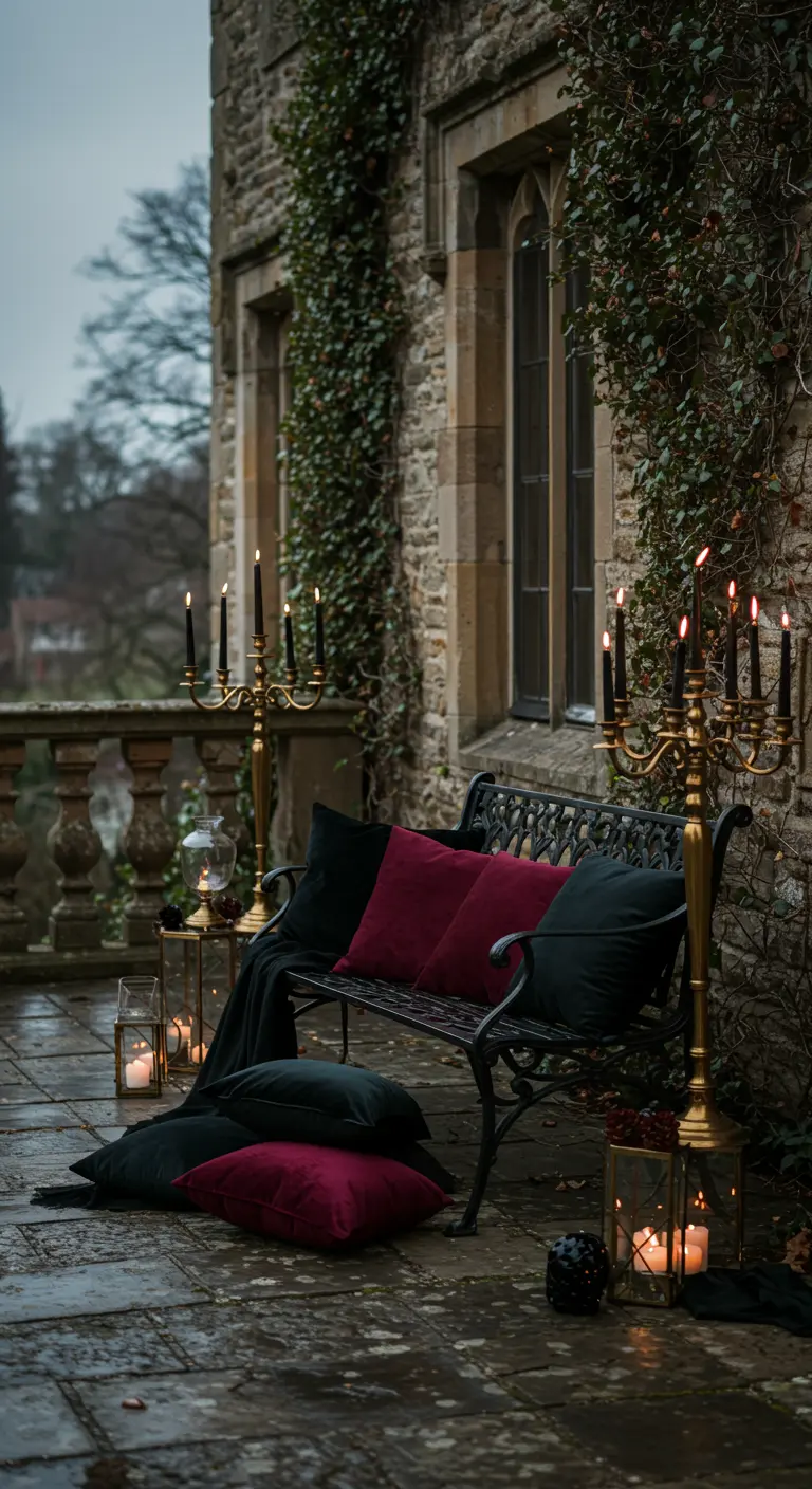 A black wrought-iron bench with burgundy velvet pillows, flanked by tall gold candelabras.