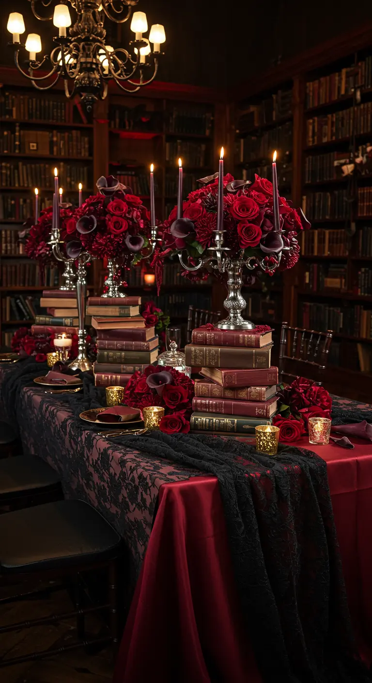 Moody library dining table with red roses, black lace, and silver candelabras.