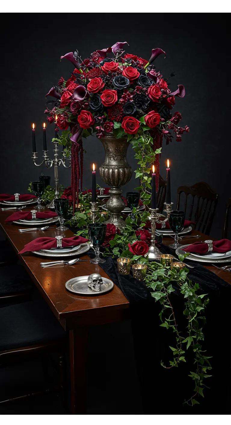 A gothic table setting with red and black roses, black candles, and silver accents.