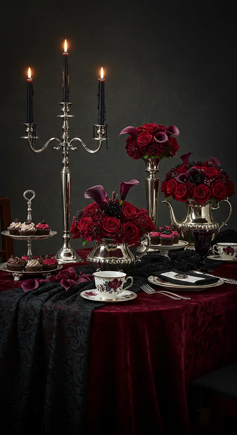 A gothic-themed tea party table with black and red decor, silver candelabras, and dark florals.