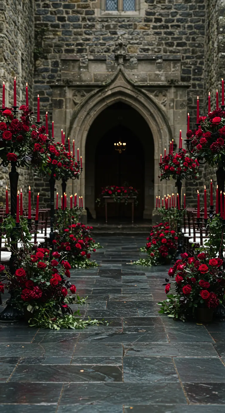 A castle entryway lined with red roses and red taper candles.