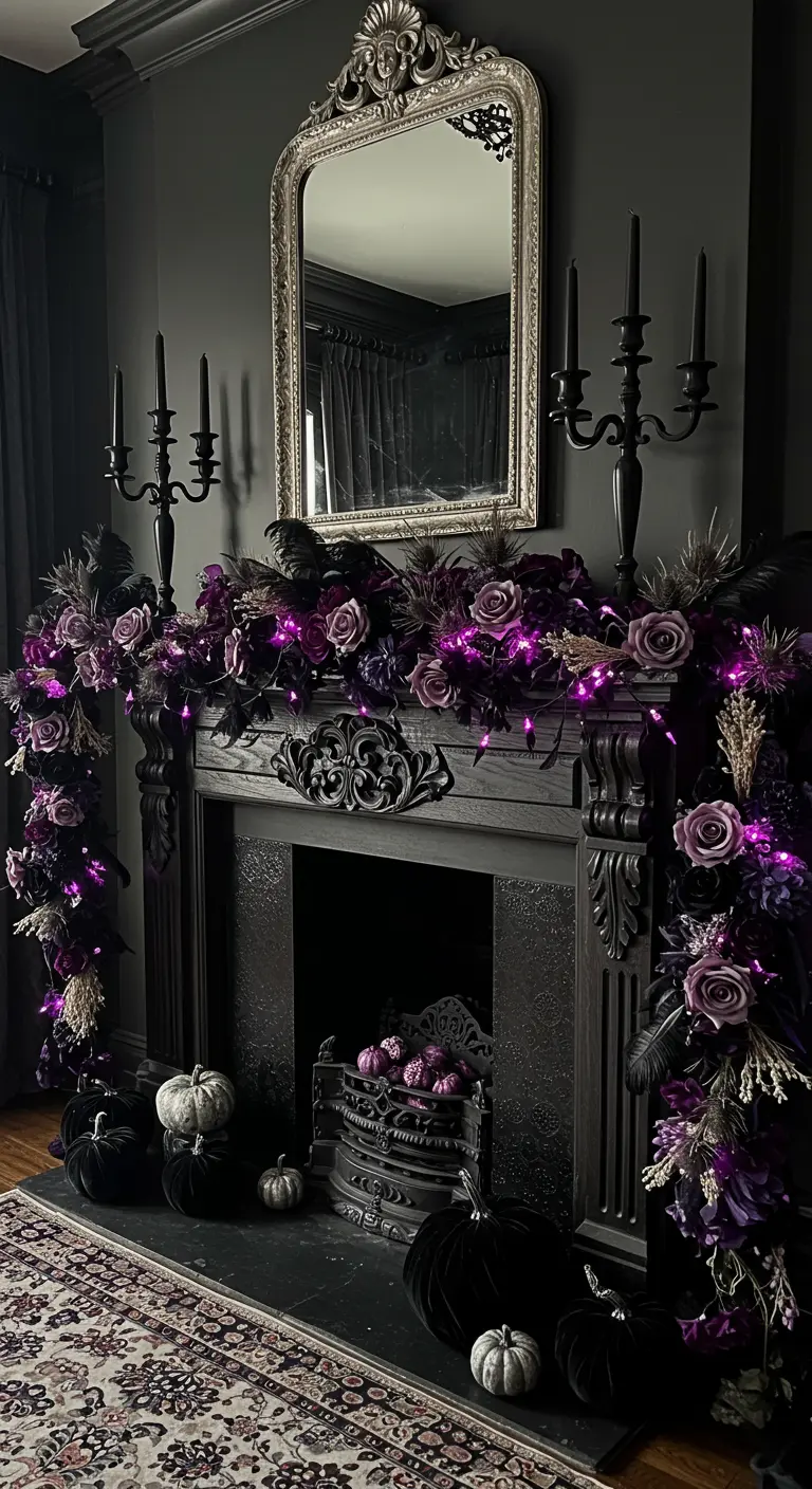 Ornate black mantel with purple and black flowers, purple lights, and velvet pumpkins.
