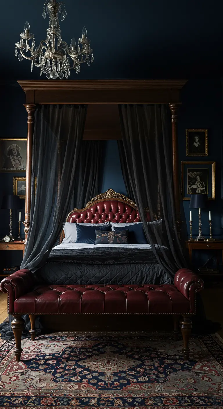 Dark four-poster bed with sheer drapes and a red leather headboard.