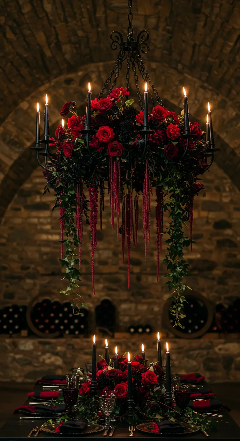 A black iron chandelier with red roses and black candles in a stone wine cellar.