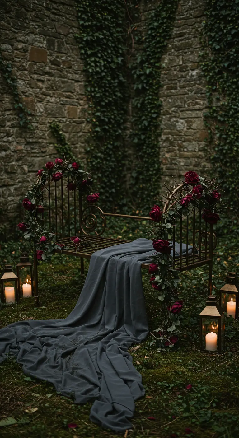 A dark wrought iron bench with deep red roses and a grey throw in a moody, stone-walled garden.