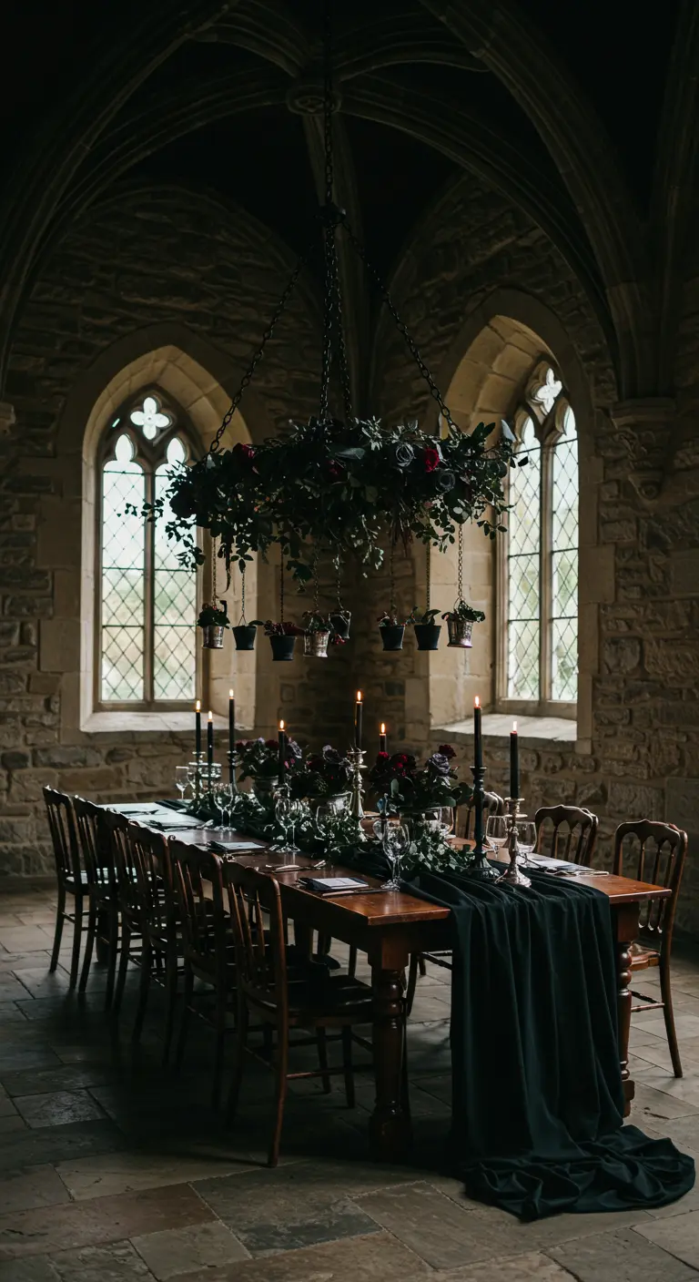 A long table in a stone castle hall with a dark floral chandelier overhead.