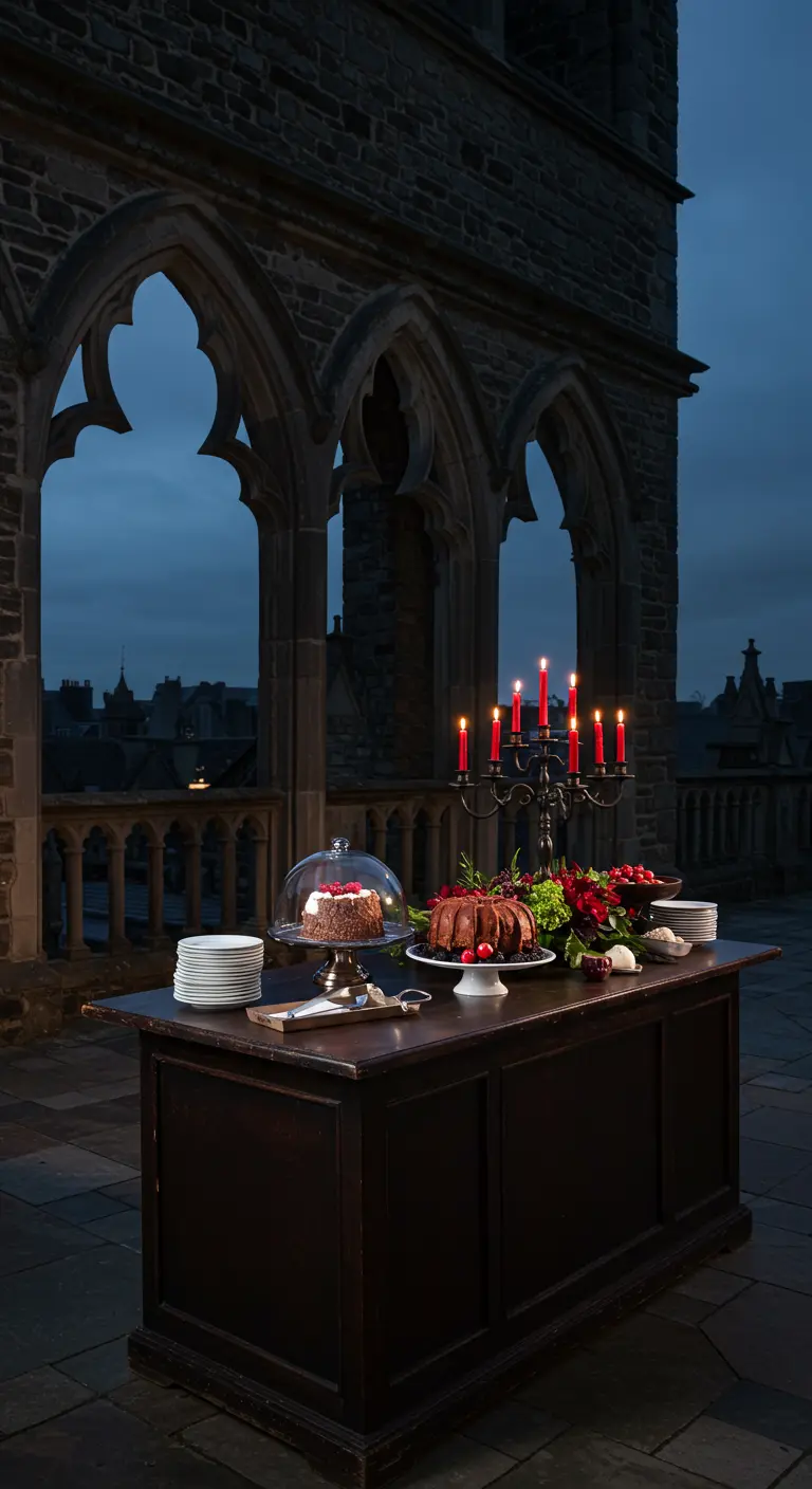 A dark wood dessert table on a gothic-style stone balcony with red candles and dark florals.