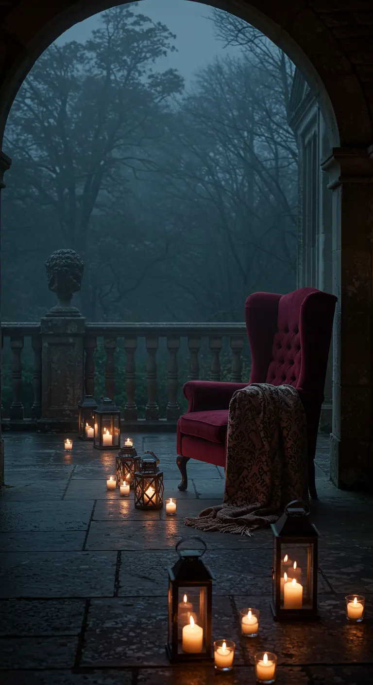 A stone terrace at dusk with a single red velvet armchair surrounded by black lanterns.